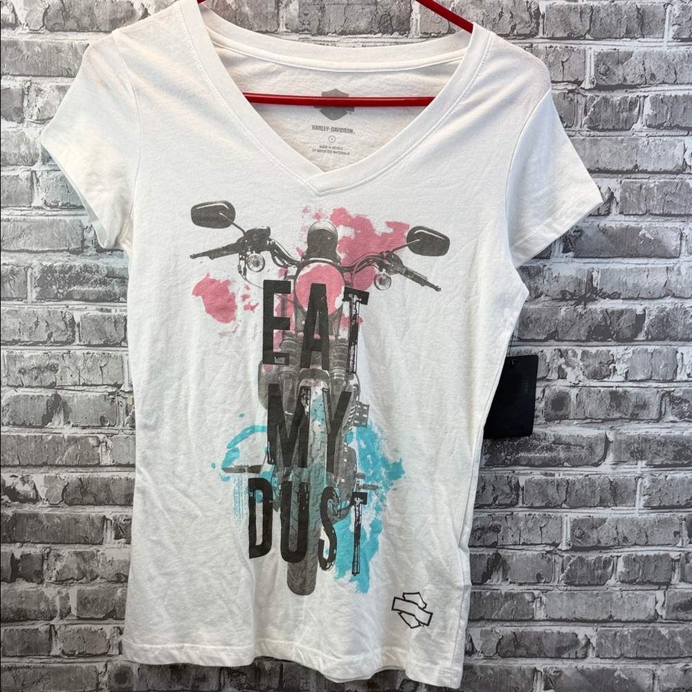 NWT Harley-Davidson White V-Neck 'Eat My Dust' Graphic Tee